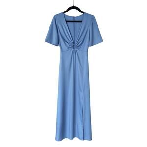 NWT Abercrombie & Fitch Satin Flutter Sleeve Maxi Dress Blue V-Neck Ring Size MT
